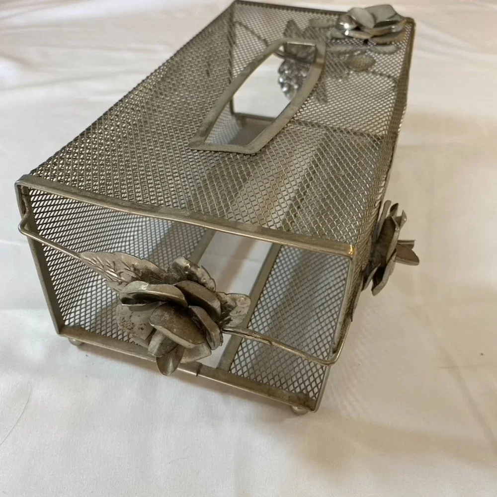 Vintage 50s 60s metal mesh tissue box with roses Mid Century Modern